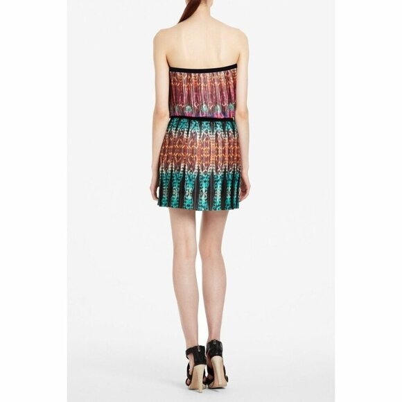 BCBG Maxazria Strapless Mini Dress Large Pleated Georgette Boho Tribal - Picture 11 of 12